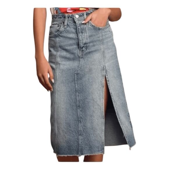 Free People We The Free Mambo Light Wash Denim Midi Skirt Distressed 30 - Picture 2 of 8